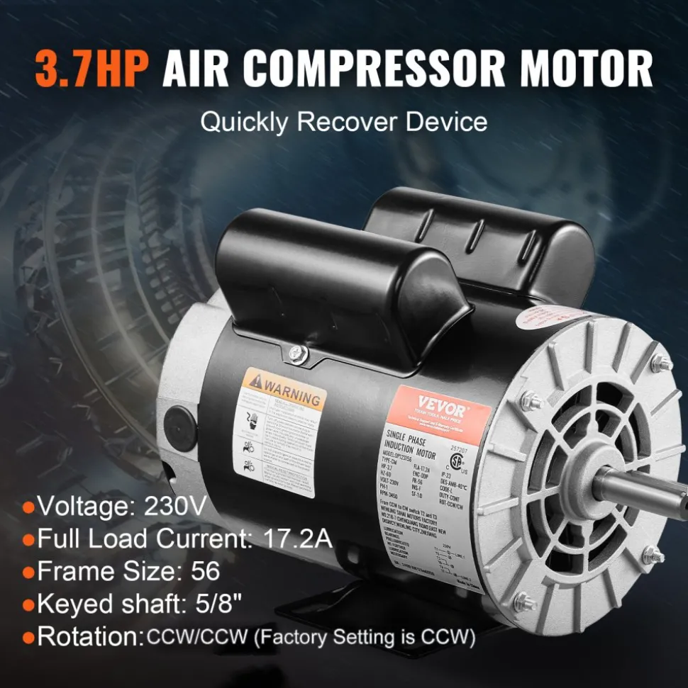 VEVOR 3.7HP Air Compressor Motor, 3450RPM Electric Motor, 230V 17.2 Amps, 5/8" Keyed Shaft 56 Frame, 1.88" Shaft Length, Single Phase, CCW/CW Rotation (Factory Setting is CCW)