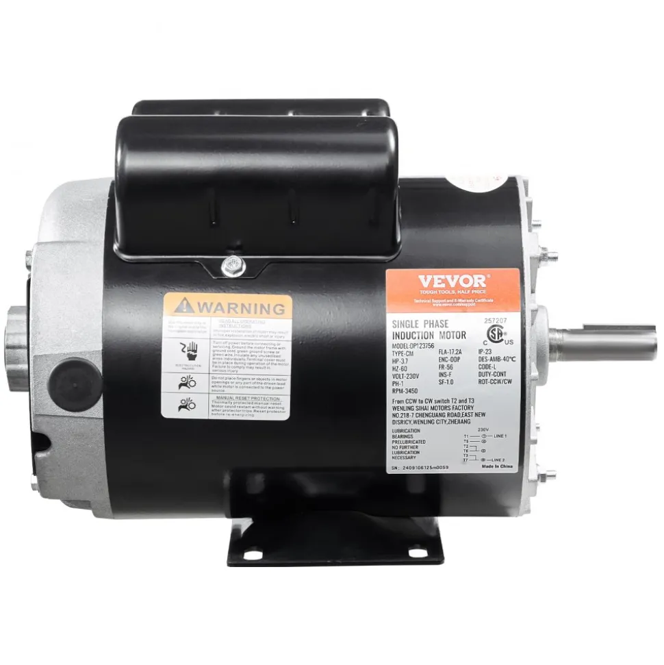 VEVOR 3.7HP Air Compressor Motor, 3450RPM Electric Motor, 230V 17.2 Amps, 5/8" Keyed Shaft 56 Frame, 1.88" Shaft Length, Single Phase, CCW/CW Rotation (Factory Setting is CCW)