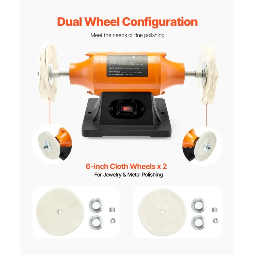 VEVOR 1/2HP Bench Buffer Polisher, 6-inch Bench Polishing Buffing Machine, 3450RPM Single Speed Benchtop Polisher with 2PCS Cloth Wheels & Cast Iron Base for Metal, Jewelry, Wood Polishing