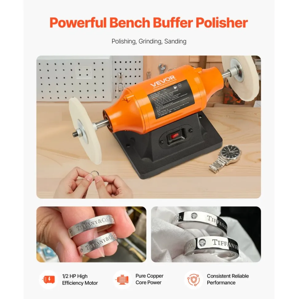 VEVOR 1/2HP Bench Buffer Polisher, 6-inch Bench Polishing Buffing Machine, 3450RPM Single Speed Benchtop Polisher with 2PCS Cloth Wheels & Cast Iron Base for Metal, Jewelry, Wood Polishing
