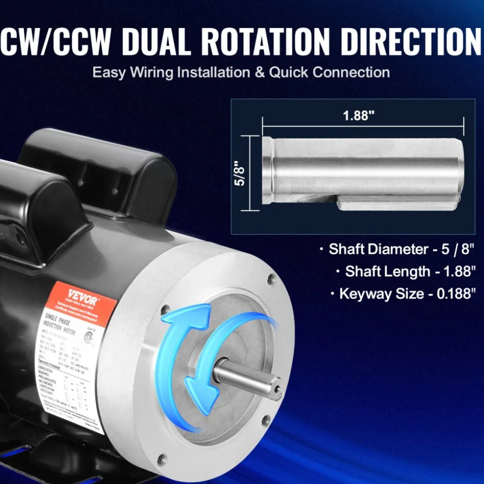 VEVOR 2HP Electric Motor 1725 rpm, AC 115V/230V, 56C Frame, Air Compressor Motor Single Phase, 5/8" Keyed Shaft, CW/CCW Rotation for Agricultural Machinery and General Equipment