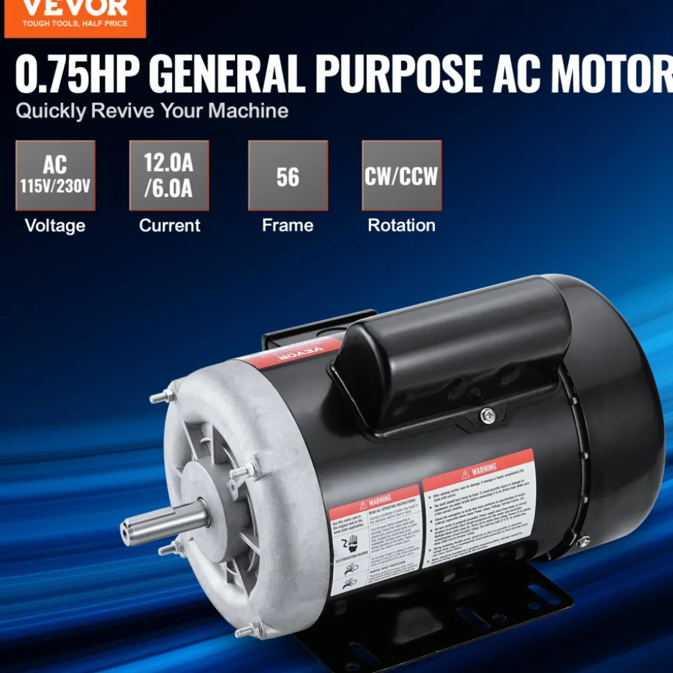 VEVOR 0.75HP Electric Motor 1725 rpm, AC 115V/230V, 56 Frame, Air Compressor Motor Single Phase, 5/8" Keyed Shaft, CW/CCW Rotation for Agricultural Machinery and General Equipment