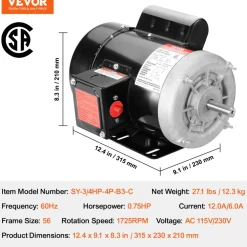 VEVOR 0.75HP Electric Motor 1725 rpm, AC 115V/230V, 56 Frame, Air Compressor Motor Single Phase, 5/8