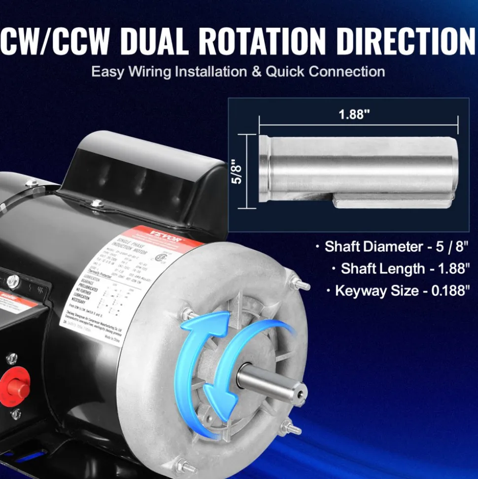 VEVOR 0.75HP Electric Motor 1725 rpm, AC 115V/230V, 56 Frame, Air Compressor Motor Single Phase, 5/8" Keyed Shaft, CW/CCW Rotation for Agricultural Machinery and General Equipment