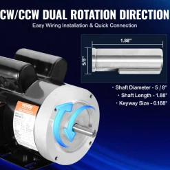 VEVOR 1.5HP Electric Motor 3450 rpm, AC 115V/230V, 56C Frame, Air Compressor Motor Single Phase, 5/8" Keyed Shaft, CW/CCW Rotation for Agricultural Machinery and General Equipment