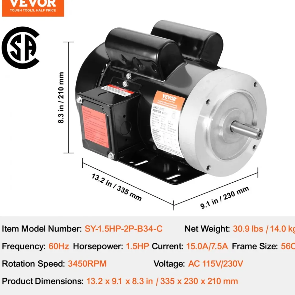 VEVOR 1.5HP Electric Motor 3450 rpm, AC 115V/230V, 56C Frame, Air Compressor Motor Single Phase, 5/8" Keyed Shaft, CW/CCW Rotation for Agricultural Machinery and General Equipment