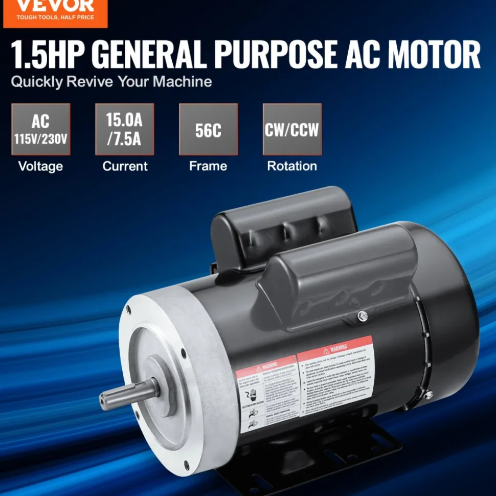 VEVOR 1.5HP Electric Motor 3450 rpm, AC 115V/230V, 56C Frame, Air Compressor Motor Single Phase, 5/8" Keyed Shaft, CW/CCW Rotation for Agricultural Machinery and General Equipment