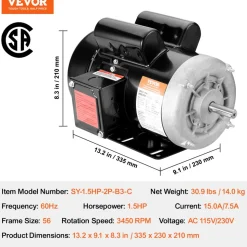 VEVOR 1.5HP Electric Motor 3450 rpm, AC 115V/230V, 56 Frame, Air Compressor Motor Single Phase, 5/8