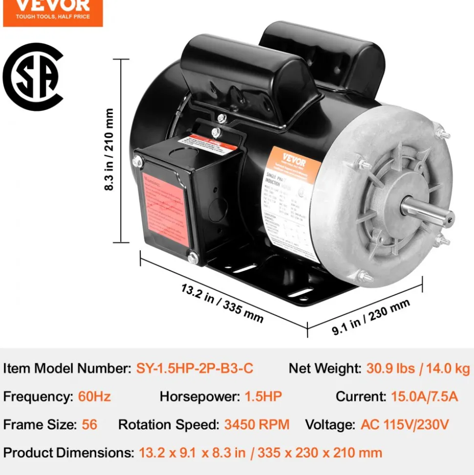 VEVOR 1.5HP Electric Motor 3450 rpm, AC 115V/230V, 56 Frame, Air Compressor Motor Single Phase, 5/8" Keyed Shaft, CW/CCW Rotation for Agricultural Machinery and General Equipment