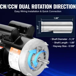VEVOR 1.5HP Electric Motor 3450 rpm, AC 115V/230V, 56 Frame, Air Compressor Motor Single Phase, 5/8