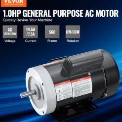 VEVOR 1.5HP Electric Motor 1725 rpm, AC 115V/230V, 56C Frame, Air Compressor Motor Single Phase, 5/8" Keyed Shaft, CW/CCW Rotation for Agricultural Machinery and General Equipment