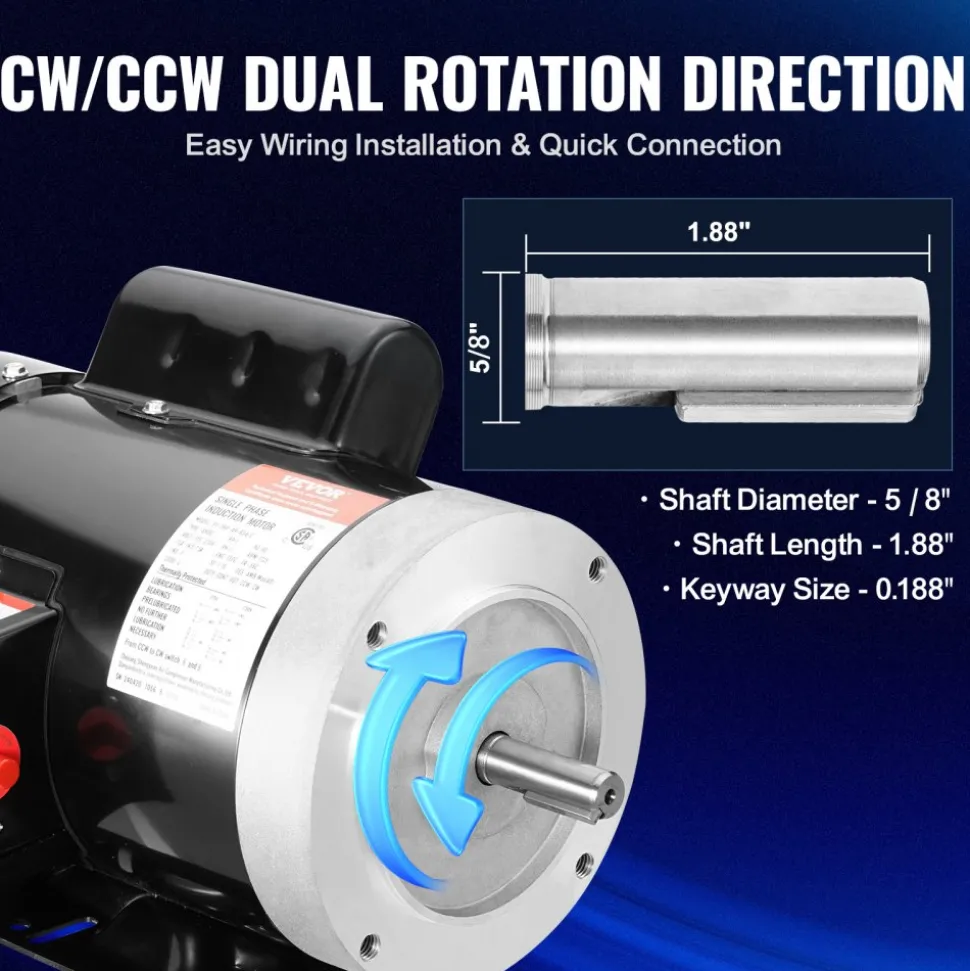 VEVOR 1.5HP Electric Motor 1725 rpm, AC 115V/230V, 56C Frame, Air Compressor Motor Single Phase, 5/8" Keyed Shaft, CW/CCW Rotation for Agricultural Machinery and General Equipment