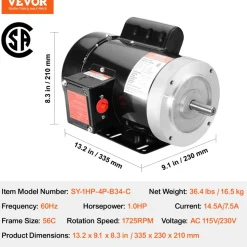 VEVOR 1.5HP Electric Motor 1725 rpm, AC 115V/230V, 56C Frame, Air Compressor Motor Single Phase, 5/8