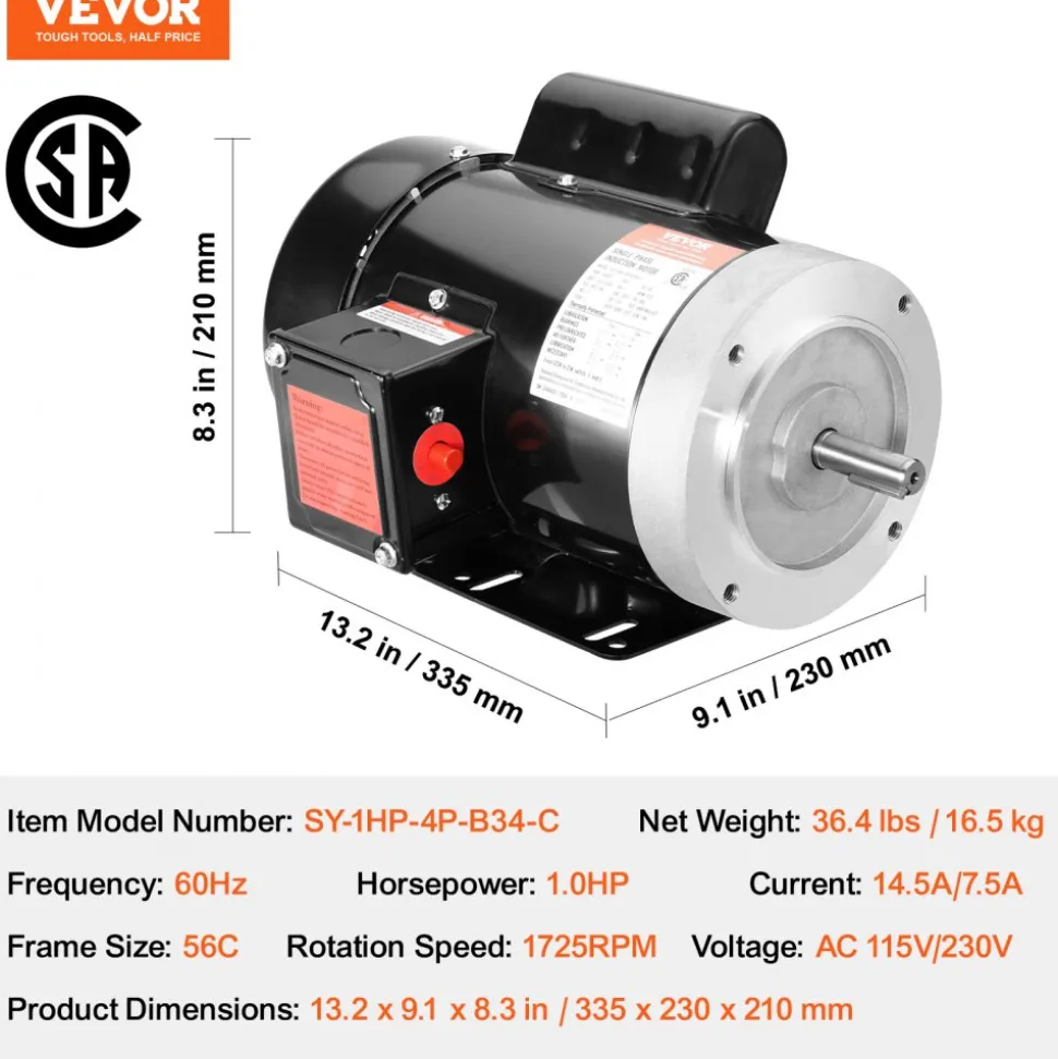 VEVOR 1.5HP Electric Motor 1725 rpm, AC 115V/230V, 56C Frame, Air Compressor Motor Single Phase, 5/8" Keyed Shaft, CW/CCW Rotation for Agricultural Machinery and General Equipment