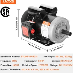 VEVOR 0.75HP Electric Motor 1725 rpm, AC 115V/230V, 56C Frame, Air Compressor Motor Single Phase, 5/8