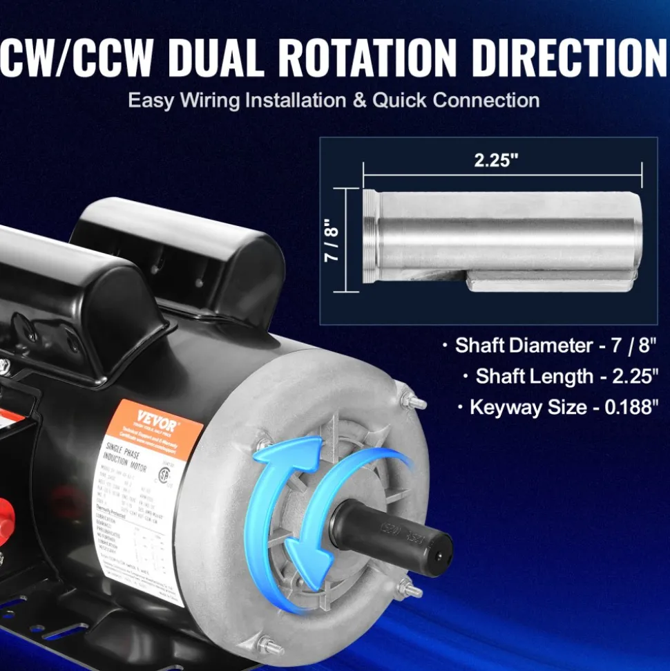VEVOR 0.75HP Electric Motor 1725 rpm, AC 115V/230V, 56C Frame, Air Compressor Motor Single Phase, 5/8" Keyed Shaft, CW/CCW Rotation for Agricultural Machinery and General Equipment