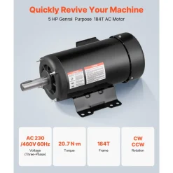 VEVOR 5 HP Electric Motor, 1725RPM Air Compressor Motor, CW/CCW Rotation, 1.125 inch Shaft Diameter, 2.75inch Shaft Length, 20.7N.m Torque, Three-Phase, TEFC Cooling, 230V/460V, 184T Frame