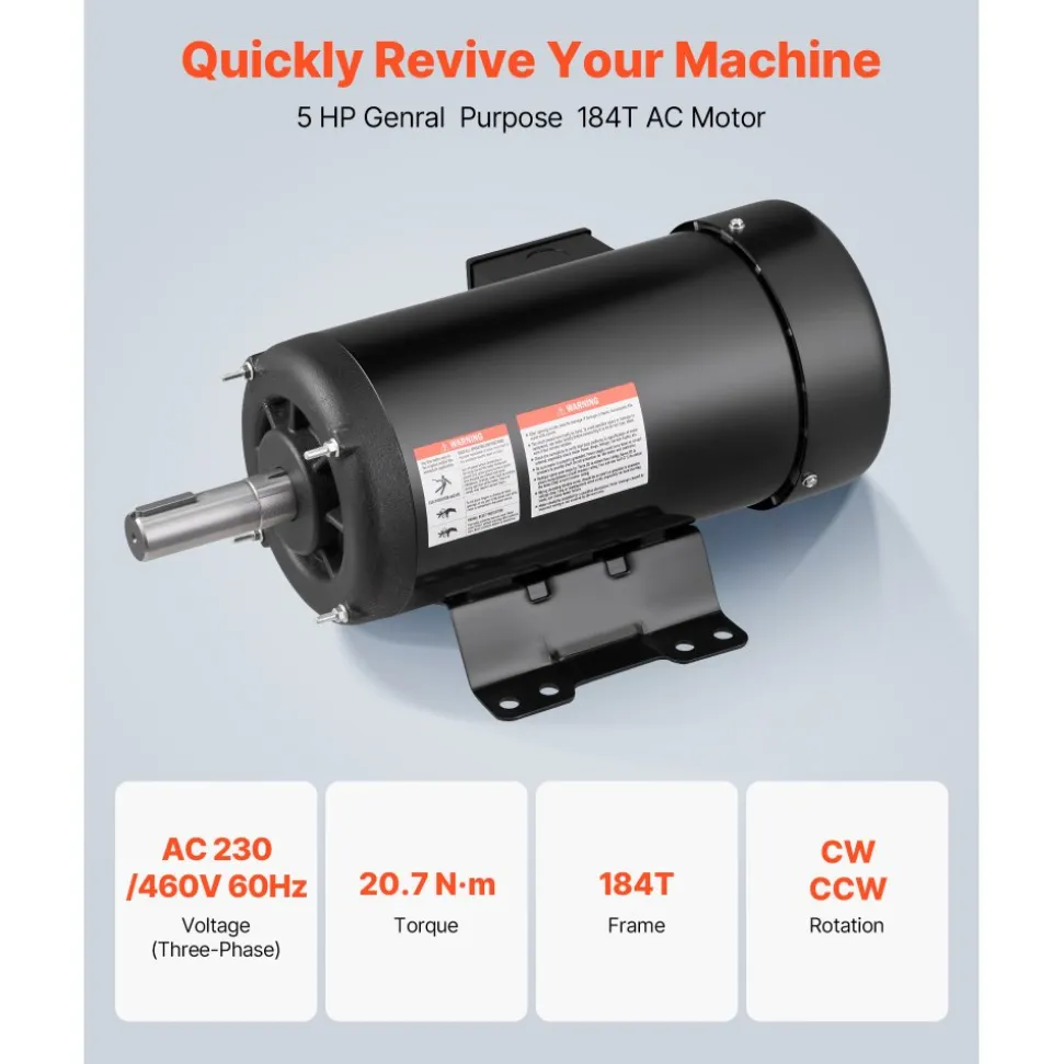 VEVOR 5 HP Electric Motor, 1725RPM Air Compressor Motor, CW/CCW Rotation, 1.125 inch Shaft Diameter, 2.75inch Shaft Length, 20.7N.m Torque, Three-Phase, TEFC Cooling, 230V/460V, 184T Frame