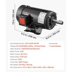 VEVOR 5 HP Electric Motor, 1725RPM Air Compressor Motor, CW/CCW Rotation, 1.125 inch Shaft Diameter, 2.75inch Shaft Length, 20.7N.m Torque, Three-Phase, TEFC Cooling, 230V/460V, 184T Frame