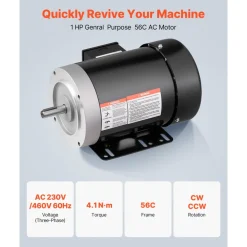 VEVOR 1 HP Electric Motor, 1725RPM Air Compressor Motor, CW/CCW Rotation, 5/8 inch Shaft Diameter, 1.88inch Shaft Length, 4.1N.m Torque, Three-Phase, TEFC Cooling, 230V/460V, 56C Frame