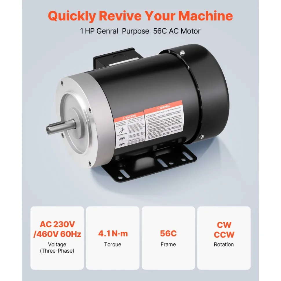 VEVOR 1 HP Electric Motor, 1725RPM Air Compressor Motor, CW/CCW Rotation, 5/8 inch Shaft Diameter, 1.88inch Shaft Length, 4.1N.m Torque, Three-Phase, TEFC Cooling, 230V/460V, 56C Frame
