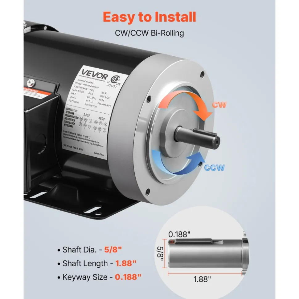 VEVOR 1 HP Electric Motor, 1725RPM Air Compressor Motor, CW/CCW Rotation, 5/8 inch Shaft Diameter, 1.88inch Shaft Length, 4.1N.m Torque, Three-Phase, TEFC Cooling, 230V/460V, 56C Frame