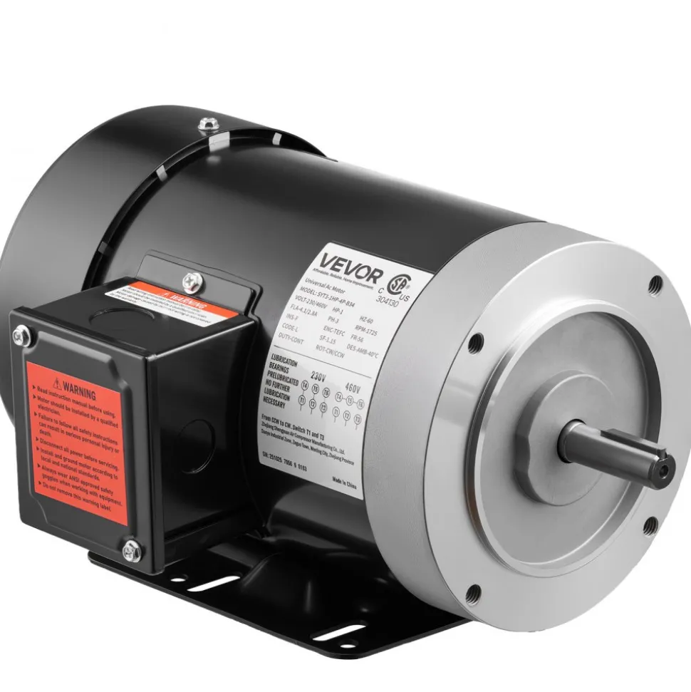 VEVOR 1 HP Electric Motor, 1725RPM Air Compressor Motor, CW/CCW Rotation, 5/8 inch Shaft Diameter, 1.88inch Shaft Length, 4.1N.m Torque, Three-Phase, TEFC Cooling, 230V/460V, 56C Frame
