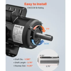 VEVOR 3 HP Electric Motor, 1750RPM Air Compressor Motor, CW/CCW Rotation, 1.125 inch Shaft Diameter, 2.75inch Shaft Length, 12N.m Torque, Single-Phase, TEFC Cooling, 230V, 184T Frame