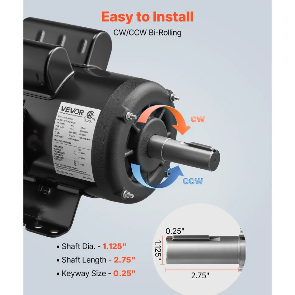 VEVOR 3 HP Electric Motor, 1750RPM Air Compressor Motor, CW/CCW Rotation, 1.125 inch Shaft Diameter, 2.75inch Shaft Length, 12N.m Torque, Single-Phase, TEFC Cooling, 230V, 184T Frame