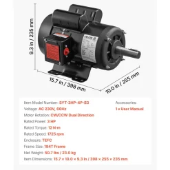 VEVOR 3 HP Electric Motor, 1750RPM Air Compressor Motor, CW/CCW Rotation, 1.125 inch Shaft Diameter, 2.75inch Shaft Length, 12N.m Torque, Single-Phase, TEFC Cooling, 230V, 184T Frame