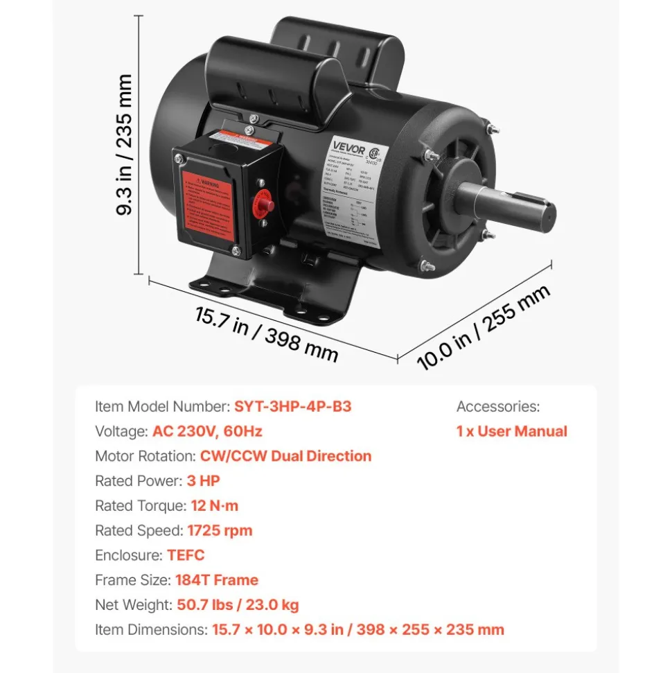 VEVOR 3 HP Electric Motor, 1750RPM Air Compressor Motor, CW/CCW Rotation, 1.125 inch Shaft Diameter, 2.75inch Shaft Length, 12N.m Torque, Single-Phase, TEFC Cooling, 230V, 184T Frame