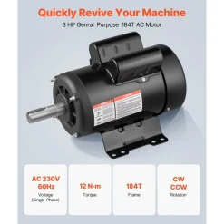 VEVOR 3 HP Electric Motor, 1750RPM Air Compressor Motor, CW/CCW Rotation, 1.125 inch Shaft Diameter, 2.75inch Shaft Length, 12N.m Torque, Single-Phase, TEFC Cooling, 230V, 184T Frame