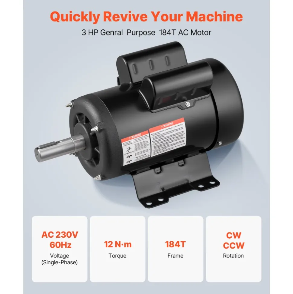 VEVOR 3 HP Electric Motor, 1750RPM Air Compressor Motor, CW/CCW Rotation, 1.125 inch Shaft Diameter, 2.75inch Shaft Length, 12N.m Torque, Single-Phase, TEFC Cooling, 230V, 184T Frame