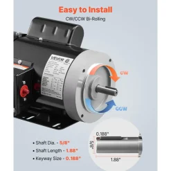 VEVOR 1 HP Electric Motor, 1725RPM Air Compressor Motor, CW/CCW Rotation, 5/8 inch Shaft Diameter, 1.88inch Shaft Length, 4.1N.m Torque, Single-Phase, TEFC Cooling, 115V/230V, 56 Frame