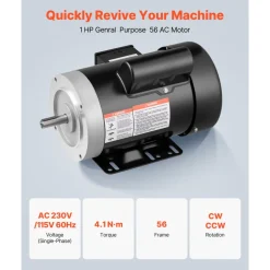 VEVOR 1 HP Electric Motor, 1725RPM Air Compressor Motor, CW/CCW Rotation, 5/8 inch Shaft Diameter, 1.88inch Shaft Length, 4.1N.m Torque, Single-Phase, TEFC Cooling, 115V/230V, 56 Frame