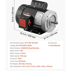 VEVOR 1 HP Electric Motor, 1725RPM Air Compressor Motor, CW/CCW Rotation, 5/8 inch Shaft Diameter, 1.88inch Shaft Length, 4.1N.m Torque, Single-Phase, TEFC Cooling, 115V/230V, 56 Frame