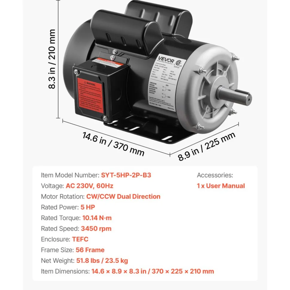 VEVOR 5 HP Electric Motor, 3450RPM Air Compressor Motor, CW/CCW Rotation, 0.875 inch Shaft Diameter, 2.25inch Shaft Length, 10.14N.m Torque, Single-Phase, 230V, TEFC Cooling