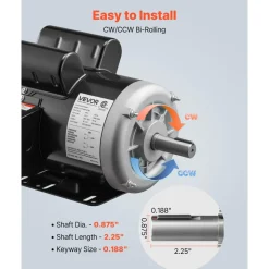 VEVOR 5 HP Electric Motor, 3450RPM Air Compressor Motor, CW/CCW Rotation, 0.875 inch Shaft Diameter, 2.25inch Shaft Length, 10.14N.m Torque, Single-Phase, 230V, TEFC Cooling