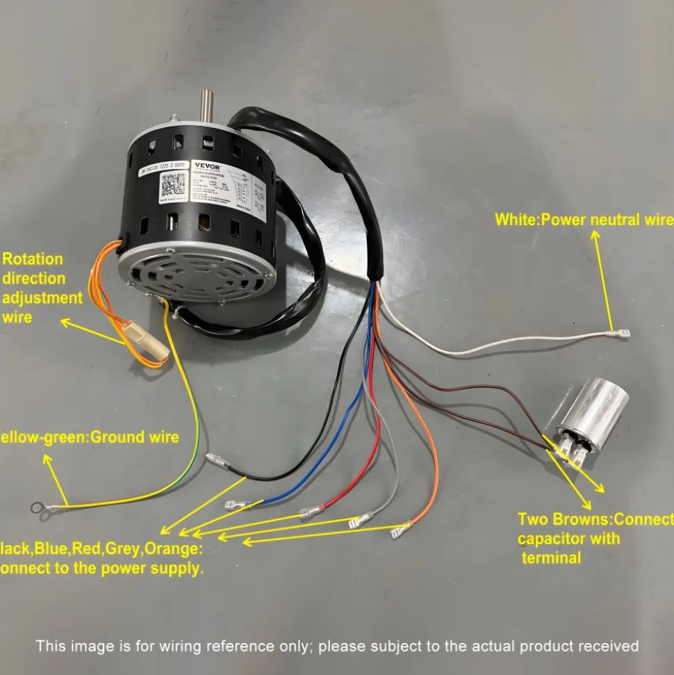 VEVOR 1/2HP Furnace Blower Motor, 208/230V 2.7Amps, 1075RPM 5 Speeds, CW/CCW Rotation, 48 Frame 3.4" Shaft Length, 7.5μF/450V Capacitor + 11" Hold Hoop