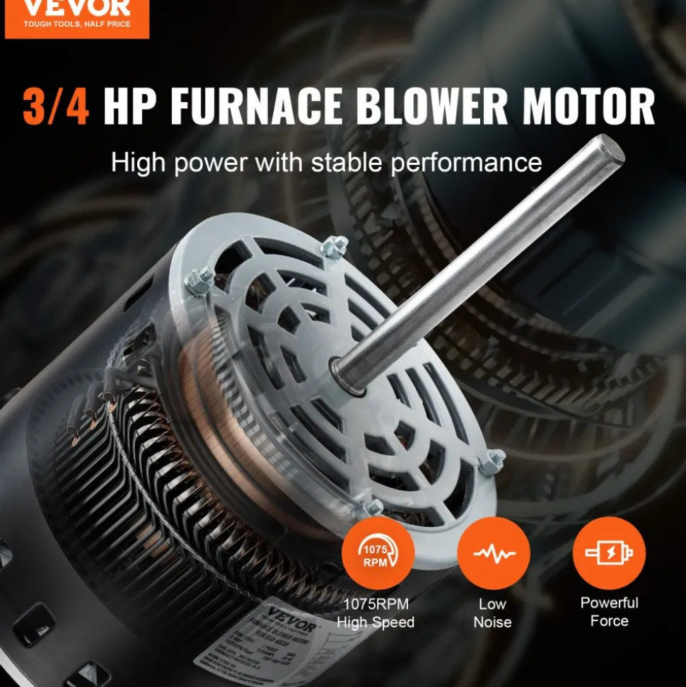 VEVOR 1/2HP Furnace Blower Motor, 208/230V 2.7Amps, 1075RPM 5 Speeds, CW/CCW Rotation, 48 Frame 3.4" Shaft Length, 7.5μF/450V Capacitor + 11" Hold Hoop