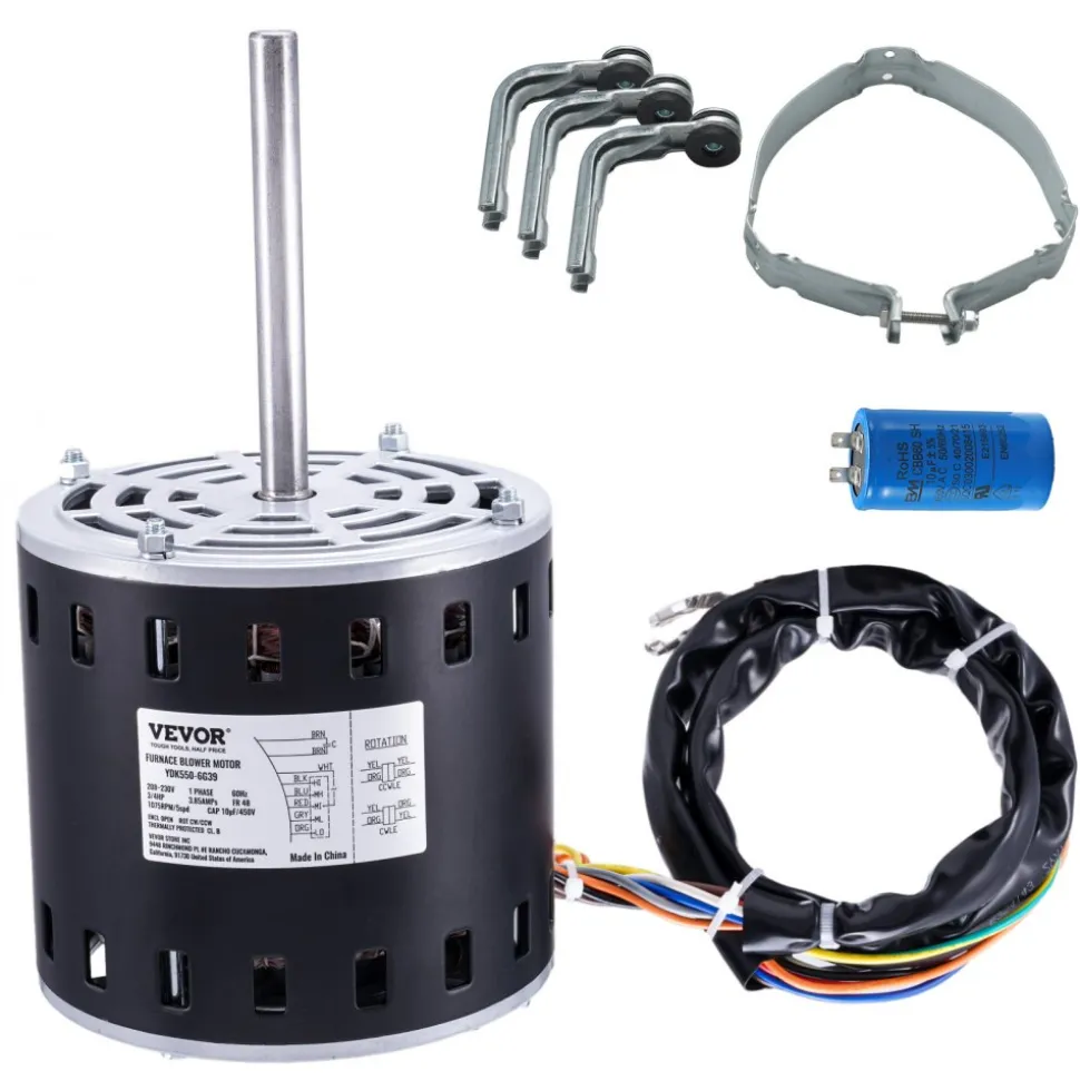 VEVOR 1/2HP Furnace Blower Motor, 208/230V 2.7Amps, 1075RPM 5 Speeds, CW/CCW Rotation, 48 Frame 3.4" Shaft Length, 7.5μF/450V Capacitor + 11" Hold Hoop