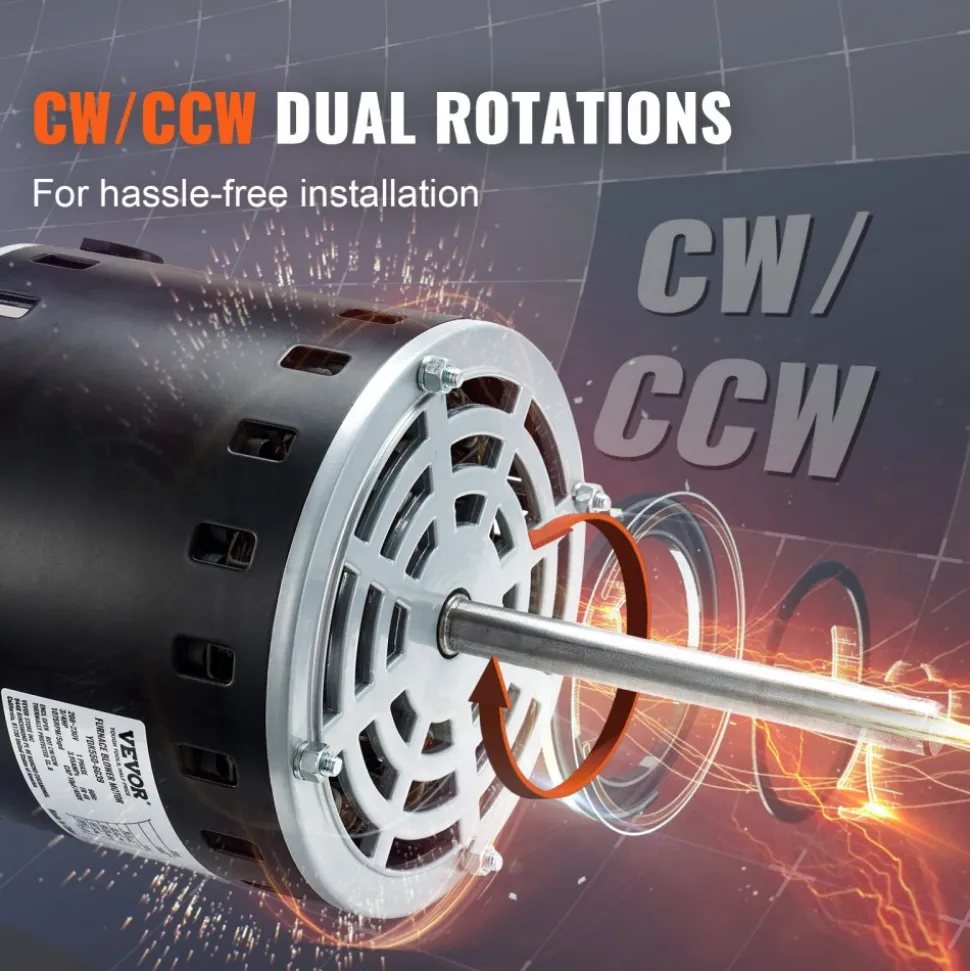 VEVOR 1/2HP Furnace Blower Motor, 208/230V 2.7Amps, 1075RPM 5 Speeds, CW/CCW Rotation, 48 Frame 3.4" Shaft Length, 7.5μF/450V Capacitor + 11" Hold Hoop