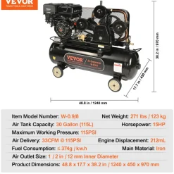 VEVOR 15HP Gas Powered Air Compressor, 30 Gallon Horizontal Air Compressor Tank, 33CFM@115PSI Gas Driven Piston Pump Air Compressed System with 115PSI Max Pressure for Construction Sites Workshop