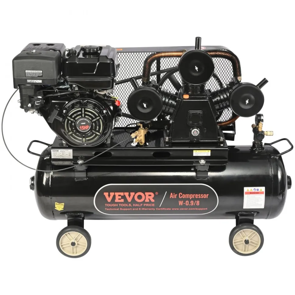 VEVOR 15HP Gas Powered Air Compressor, 30 Gallon Horizontal Air Compressor Tank, 33CFM@115PSI Gas Driven Piston Pump Air Compressed System with 115PSI Max Pressure for Construction Sites Workshop