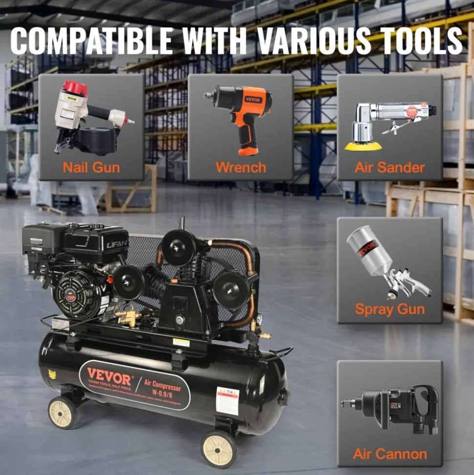 VEVOR 15HP Gas Powered Air Compressor, 30 Gallon Horizontal Air Compressor Tank, 33CFM@115PSI Gas Driven Piston Pump Air Compressed System with 115PSI Max Pressure for Construction Sites Workshop