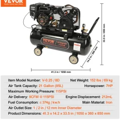VEVOR 7HP Gas Powered Air Compressor, 13.2 Gallon Horizontal Air Compressor Tank, 9CFM@115PSI Gas Driven Piston Pump Air Compressed System with 115PSI Max Pressure for Construction Sites Workshop