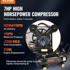 VEVOR 7HP Gas Powered Air Compressor, 21 Gallon Horizontal Air Compressor Tank, 9CFM@115PSI Gas Driven Piston Pump Air Compressed System with 115PSI Max Pressure for Construction Sites Workshop