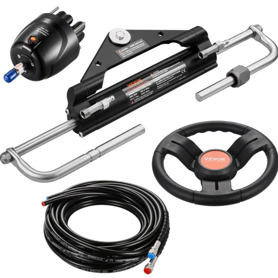 VEVOR 150HP Hydraulic Outboard Steering Kit, Marine Boat Hydraulic Steering System with 13.5-inch Steering Wheel, Helm Pump, Hydraulic Cylinder & 2PCS 26FT Hoses for Single Station Single-Engine Boats