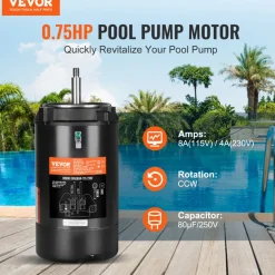 VEVOR 0.75 HP Pool Pump Motor, 56J Frame, 115V(8 Amps)/230V(4 Amps) 3450 RPM, 60Hz, 1.5 Service Factor, 80μF/250V Capacitor, CCW Rotation Round Flange Replacement Motor