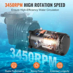 VEVOR 1 HP Pool Pump Motor, 56J Frame, 115V(9.8 Amps)/230V(4.9 Amps) 3450 RPM, 60Hz, 1.4 Service Factor, 90μF/250V Capacitor, CCW Rotation Round Flange Replacement Motor